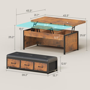 Lift Top Coffee Table Set with Storage & Ottoman Bench, 43"