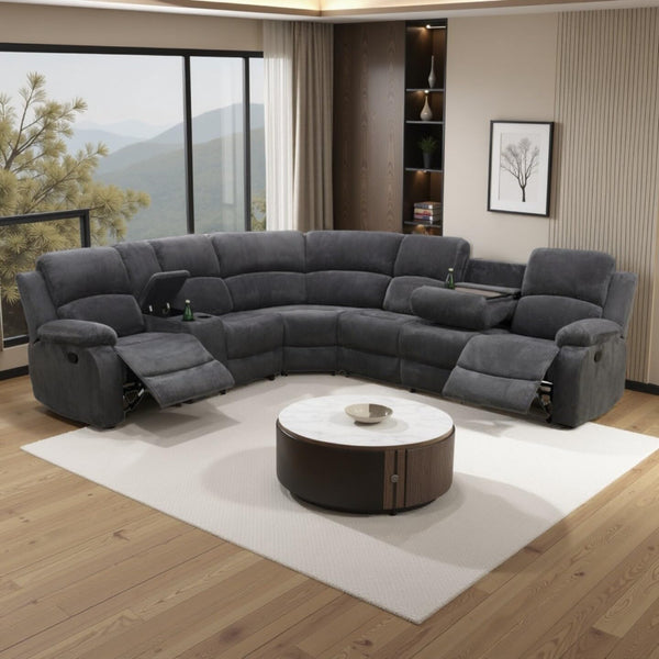 L-Shape Sectional Reclining Sofa Set with Drop-Down Table & Storage Console
