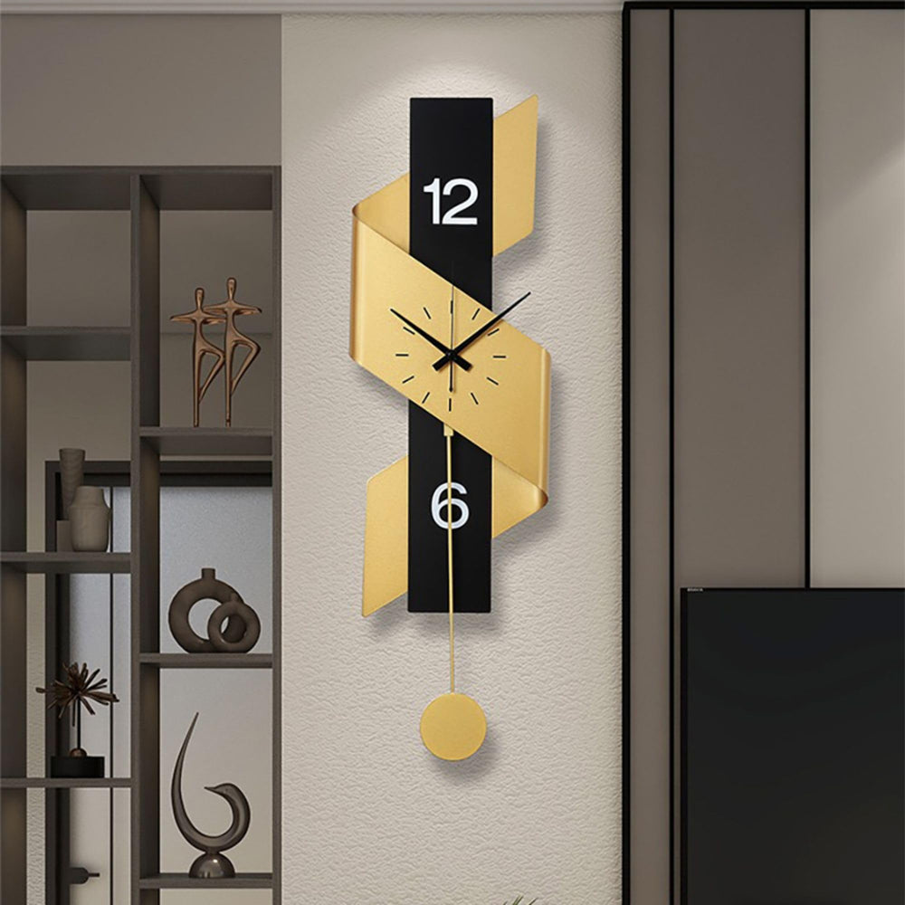 Large Modern Pendulum Wall Clock – Black & Gold Metal Analog