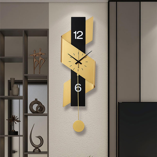 Large Modern Pendulum Wall Clock – Black & Gold Metal Analog