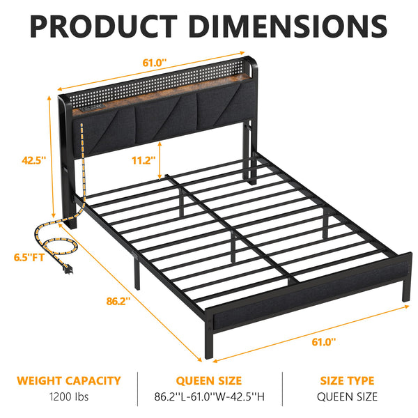 Platform Bed Frame with LED Headboard, Charging Station & Storage