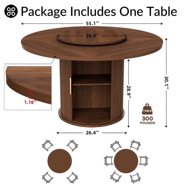 Kaelothaven 55.1 Inch Round Dining Table for 4-6, Modern Kitchen Table with Storage, Circle Dining Room Table with Wooden Pedestal Base for Living Room, Dining Room & Kitchen, Walnut