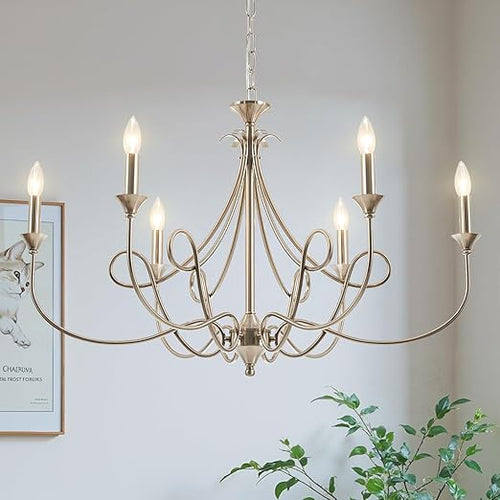 6-Light Modern Candle Chandelier – Brushed Nickel, Black & Brass