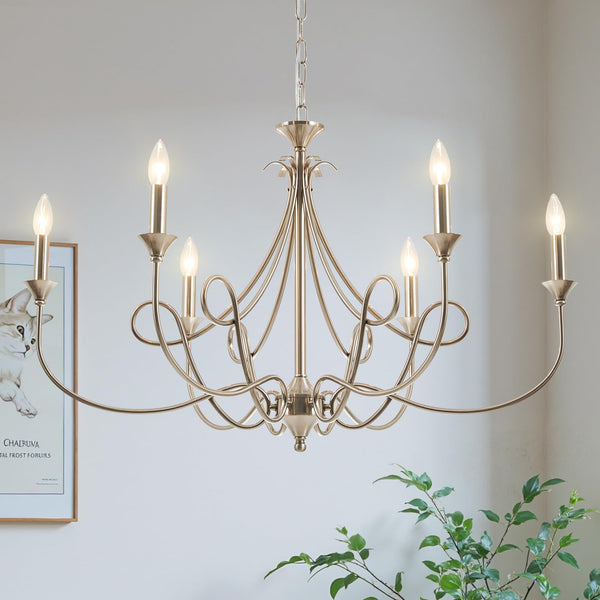 6-Light Modern Candle Chandelier – Brushed Nickel, Black & Brass