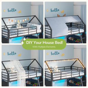 L-Shaped Twin Over Twin Bunk Bed with Storage Bins & LED Lights