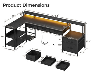 L-Shaped Gaming & Office Desk with Storage, LED Lighting & Power Outlet