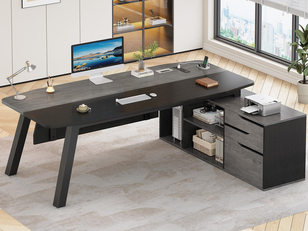 L-Shaped Executive Desk with File Cabinet and Power Outlets