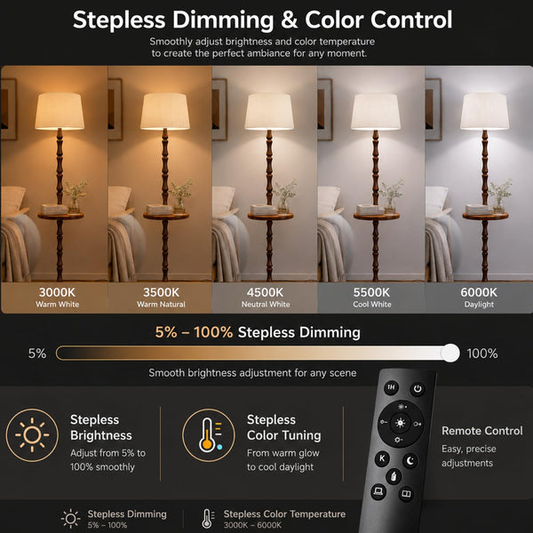 Wood Floor Lamp with Tray — Dimmable, Remote Control, 3 Color Temperatures