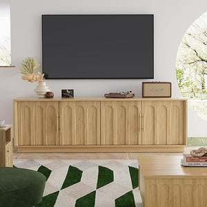 FORTUNETEC TV Stand for 75 Inch TV, 67" Entertainment Center with Arched Design, Minimalist Media Console with Adjustable Shelves, Modern TV Stand for Living Room Bedroom, Black