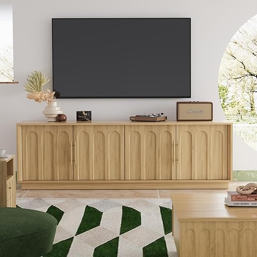 FORTUNETEC TV Stand for 75 Inch TV, 67" Entertainment Center with Arched Design, Minimalist Media Console with Adjustable Shelves, Modern TV Stand for Living Room Bedroom, Black
