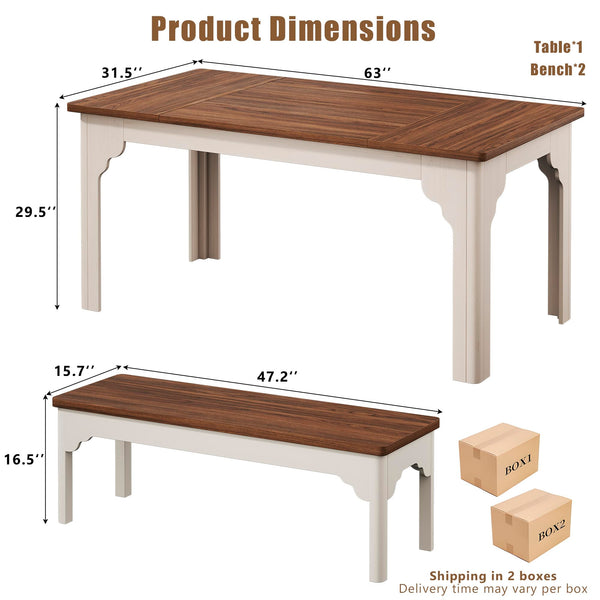 Farmhouse Dining Table Set with 2 Benches, 3-Piece, Brown & White