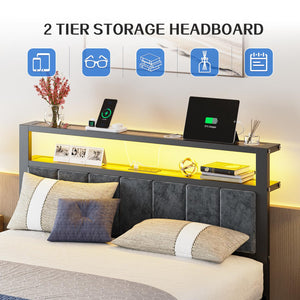Platform Bed Frame with LED Lights & Charging Station – Storage Headboard, Metal Slats