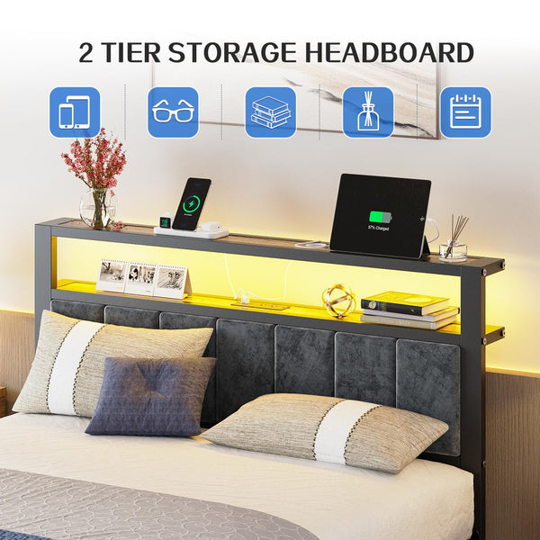Platform Bed Frame with LED Lights & Charging Station – Storage Headboard, Metal Slats
