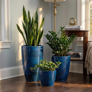 Blue Plastic Plant Pots Set of 3 with Drainage Hole and Saucer