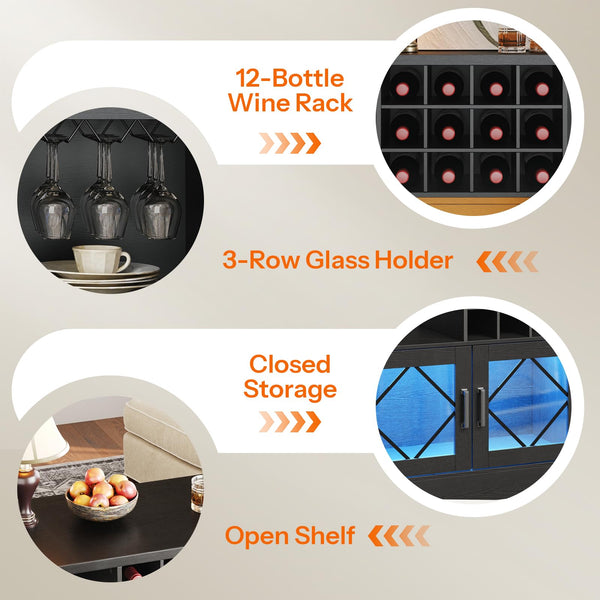Bar Cabinet with LED Lighting, Wine Rack & Power Outlet