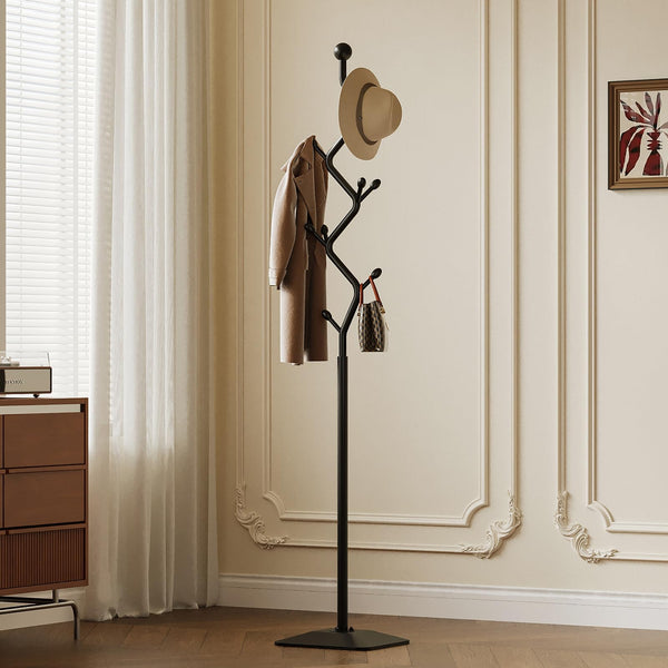Metal Coat Rack Freestanding with 8 Hooks and Rectangular Base