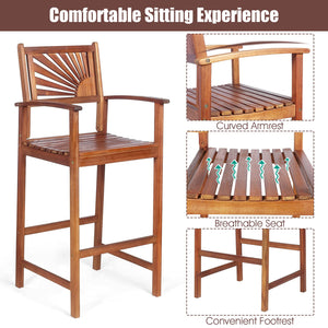 Outdoor Acacia Wood Bar Stools with Sunflower Backrest & Armrests
