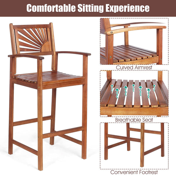 Outdoor Acacia Wood Bar Stools with Sunflower Backrest & Armrests