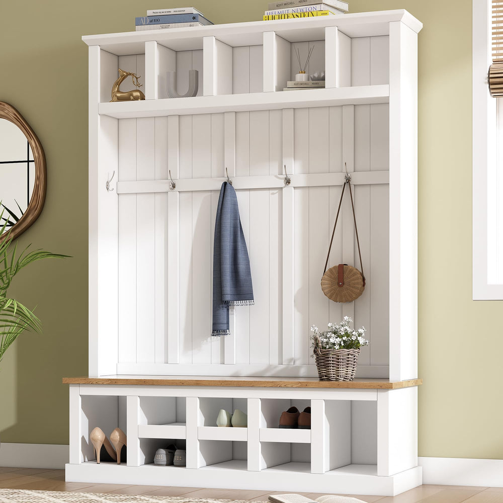 Farmhouse Hall Tree with Bench & Shoe Storage