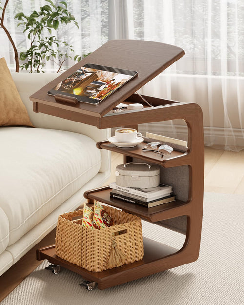 C-Shaped Rolling Side Table with Adjustable Desktop