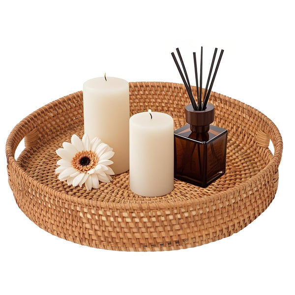Round Rattan Serving Tray with Handles