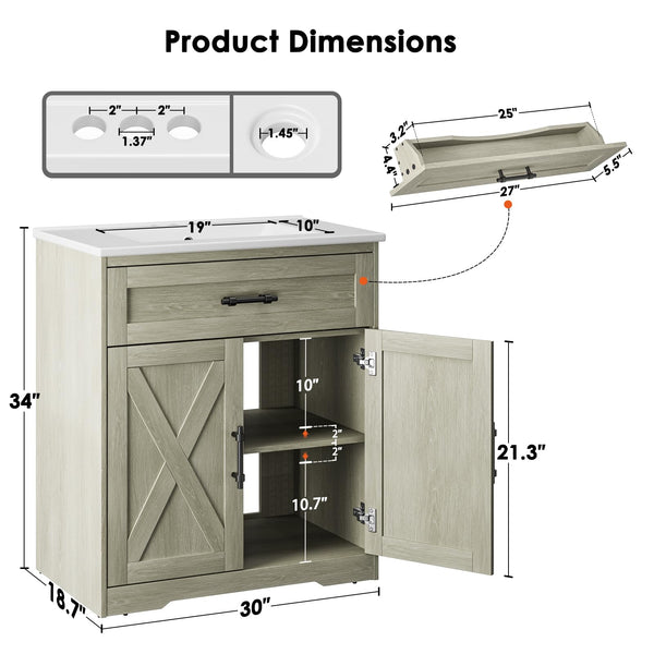 30-Inch Farmhouse Bathroom Vanity with Ceramic Sink