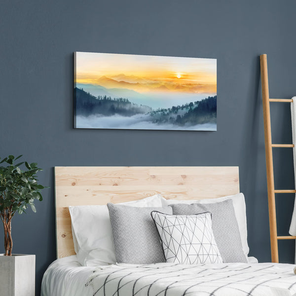 Foggy Forest Canvas Wall Art – Sunset Landscape Print