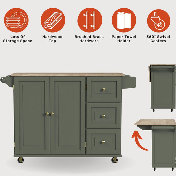Rolling Kitchen Island Cart with Drop-Leaf Breakfast Bar