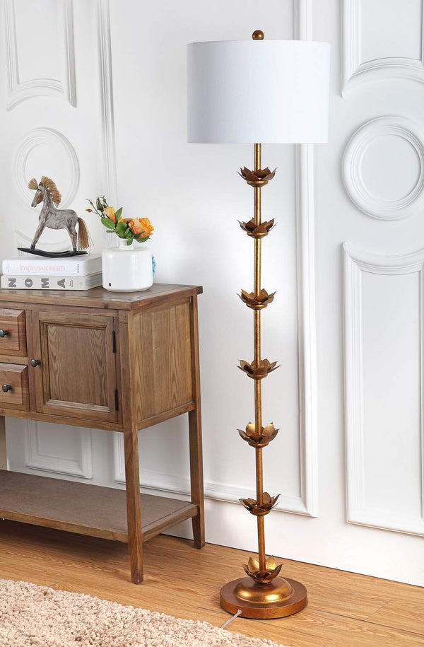 Antique Gold Iron Floor Lamp with Fabric Drum Shade