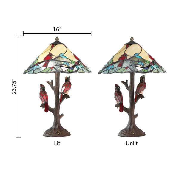 Stained Glass Cardinals on Tree Table Lamp – Tiffany Style, 23.75"H