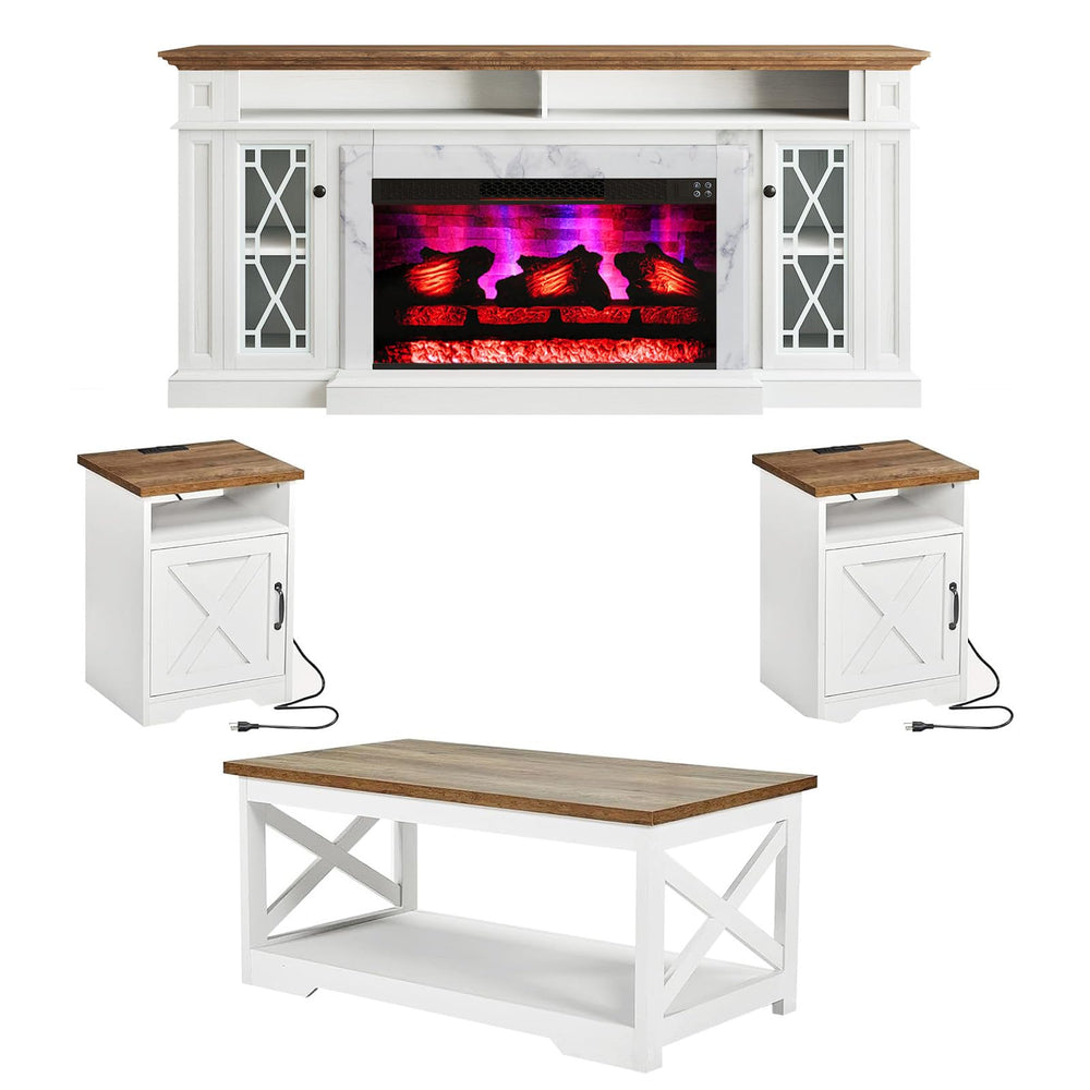 4-Piece Farmhouse Living Room Set with Electric Fireplace TV Stand