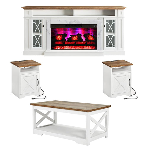 4-Piece Farmhouse Living Room Set with Electric Fireplace TV Stand