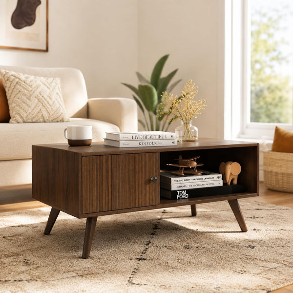 Manora Mid Century Modern Coffee Table with Storage Cabinet and Open Shelf, Wooden Living Room Table with Fluted Drawer and Solid Wood Legs, Walnut Finish Center Table for Small Spaces
