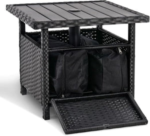 Wicker Patio Side Table with Umbrella Hole and Weight Bags