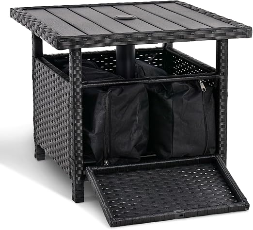 Wicker Patio Side Table with Umbrella Hole and Weight Bags