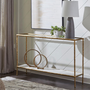 Console Sofa Table with Glass Top & White Marble Shelf