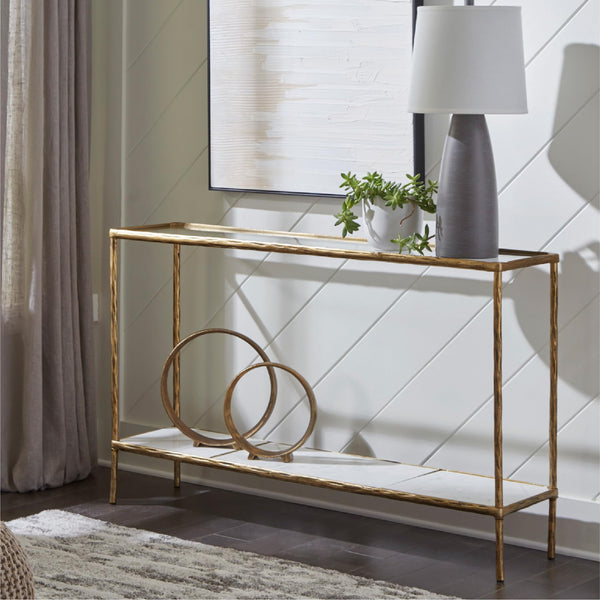 Console Sofa Table with Glass Top & White Marble Shelf