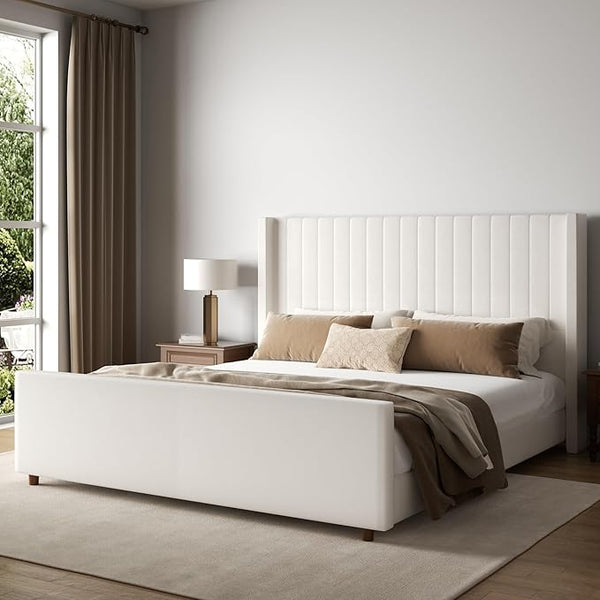 Upholstered Platform Bed with Tall Wingback Headboard