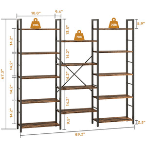 Triple Column 5-Tier Bookshelf, Industrial Wide Bookcase