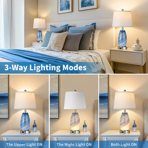 Blue Glass Table Lamps Set of 2 with USB Charging & 3-Way Lighting