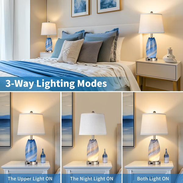 Blue Glass Table Lamps Set of 2 with USB Charging & 3-Way Lighting