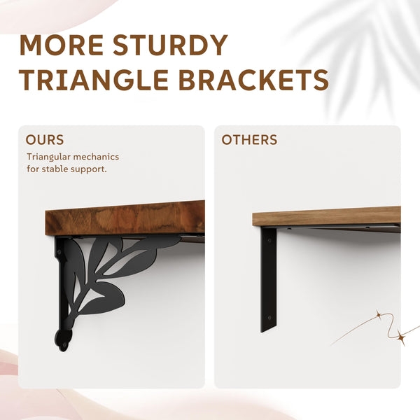 Solid Wood Floating Wall Shelves with Metal Brackets – Set of 2