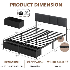 Queen Bed Frame with LED Lights, Storage Drawers & Charging Station