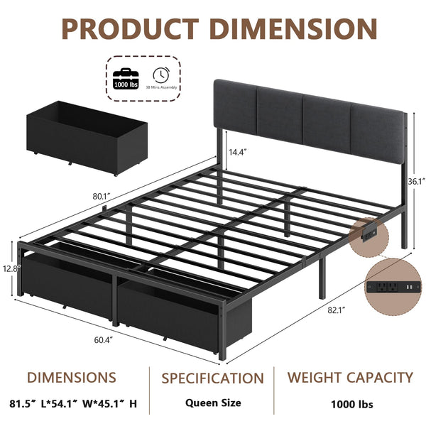 Queen Bed Frame with LED Lights, Storage Drawers & Charging Station