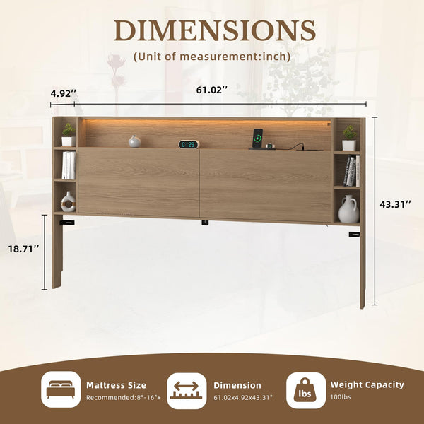 Headboard with Shelves, Charging Station & LED Light