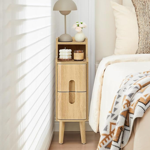 Mid-Century Modern Narrow Nightstand with 2 Drawers