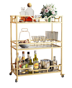 3-Tier Gold Bar Cart with Glass Shelves & Wheels