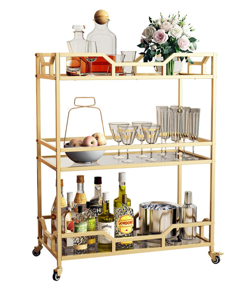 3-Tier Gold Bar Cart with Glass Shelves & Wheels