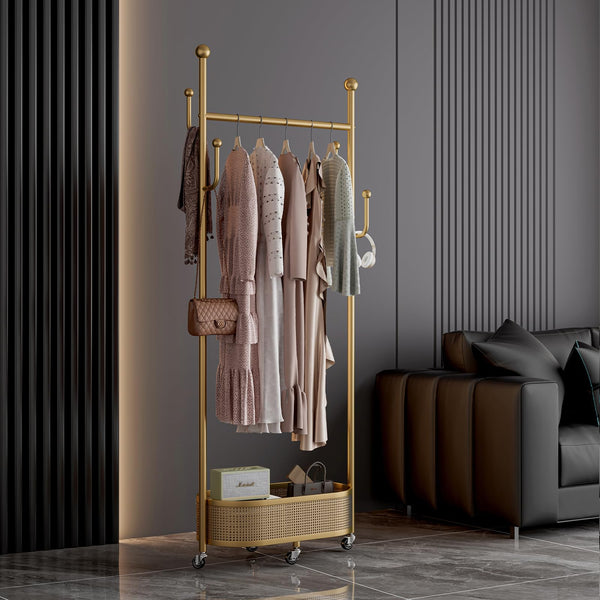 Gold Metal Garment Rack with Storage Basket