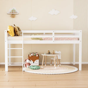 Twin Low Loft Bed Frame with Guardrail and Ladder